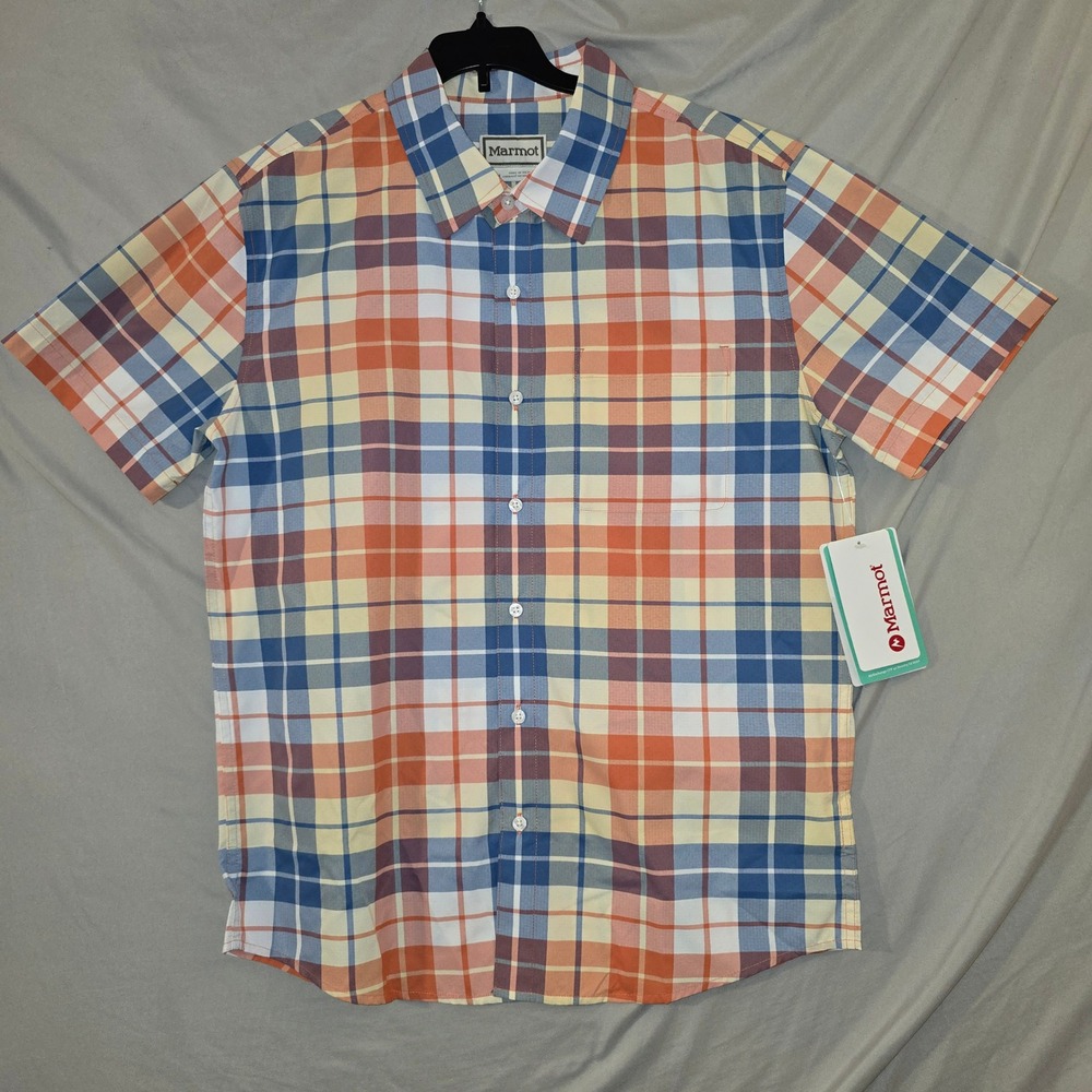 Marmot Arex Short Sleeve Shirt Medium Mens Pomelo Wayland Plaid UPF 40 M16075